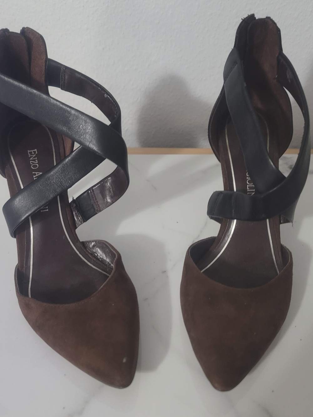 Enzo Angiolini Brown Suede Pointed-Toe Heels with Black Crisscross Straps